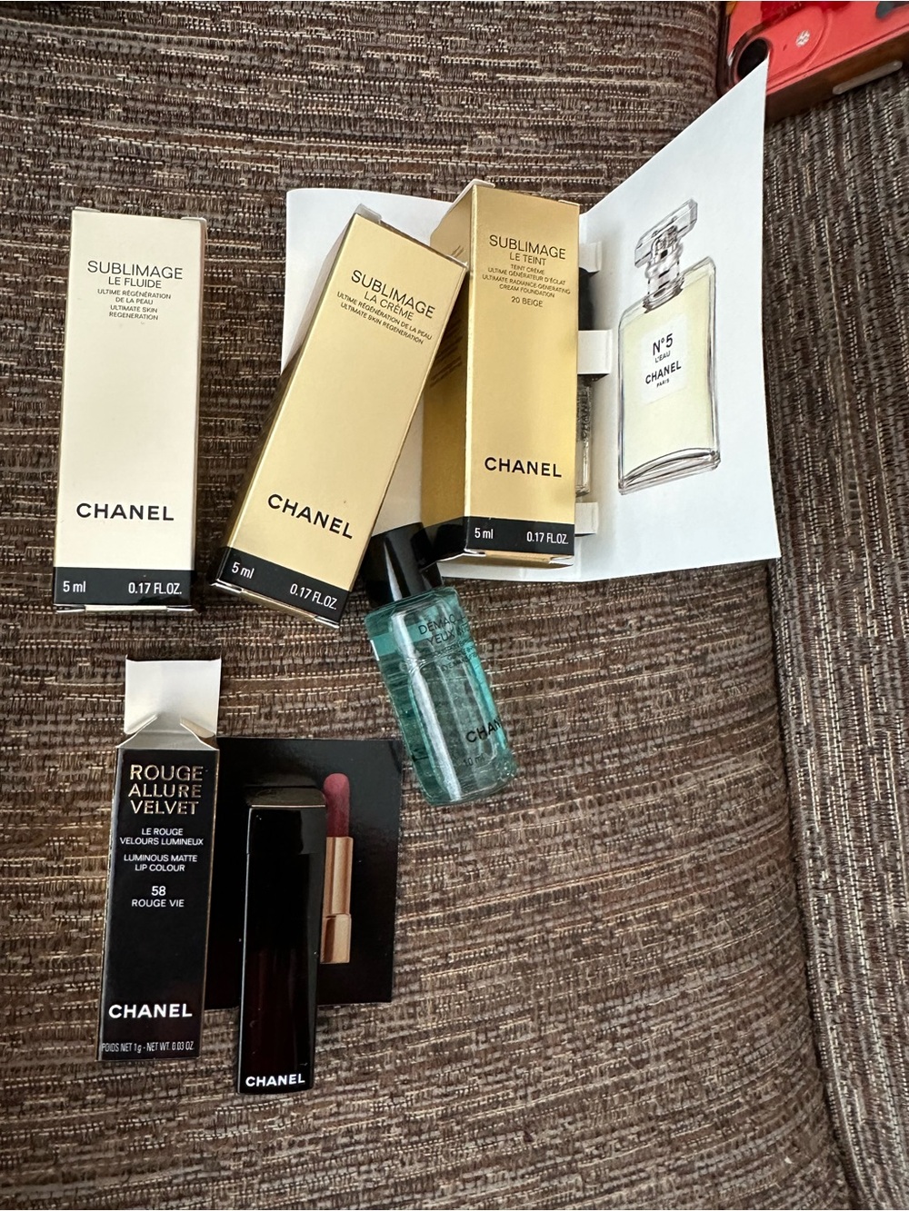 Chanel Rouge Allure Velvet Matte Lipstick & Sublimage Skincare Set & no 5 l’eau